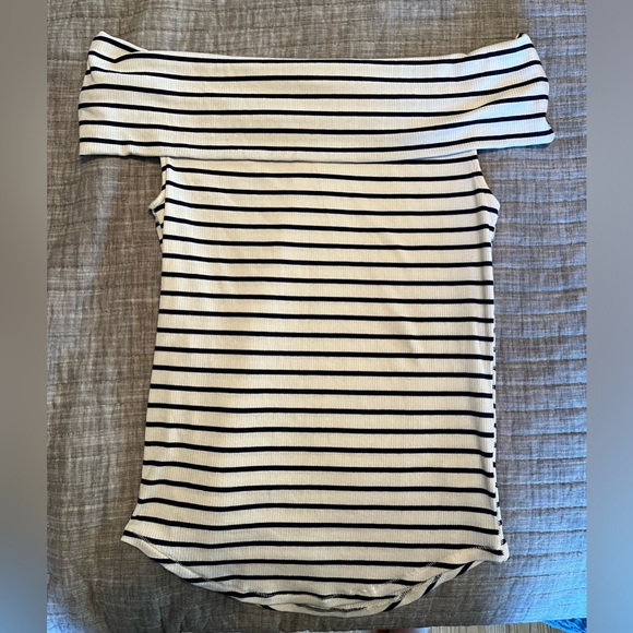 Free People We the Free Melbourne off the shoulder shirt, blue and cream, large - Picture 2 of 4